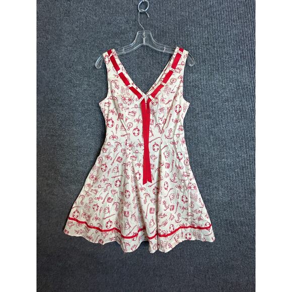 Hell Bunny Women's Medium Nautical Pirate Print Fit Flare Dress Red White Cotton - Picture 1 of 10